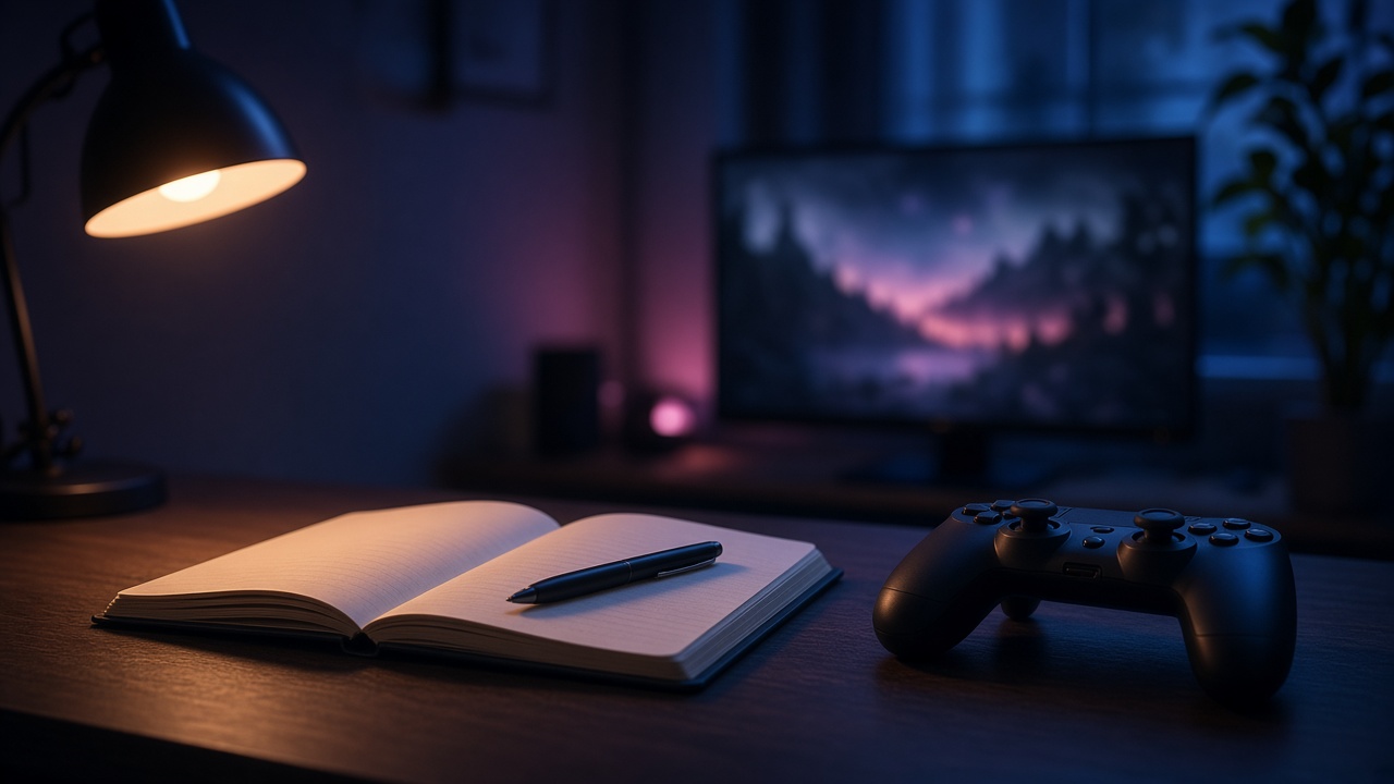 Manette et carnet sous une lampe, ambiance de soirée de jeu